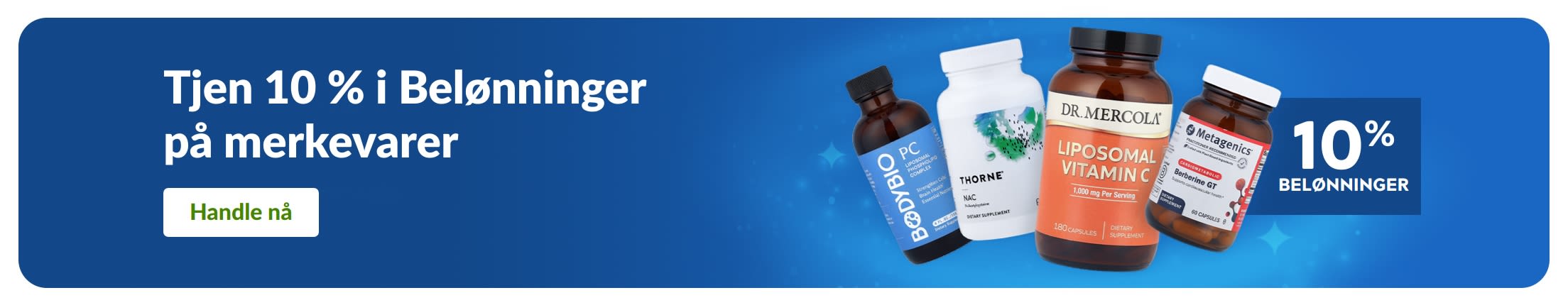 Banner som promoterer 10 % bonus på profesjonelle kosttilskuddsmerker, med produktflasker og en «Kjøp nå»-knapp.
