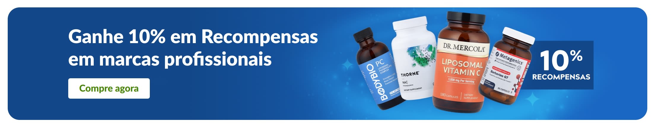 Banner com 10% em Recompensas em marcas profissionais de suplementos, com imagens de produtos e botão “Compre agora”