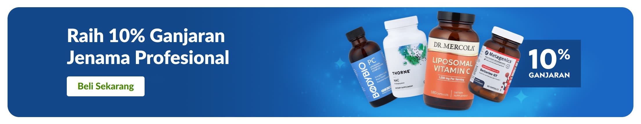 Sepanduk mempromosikan 10% ganjaran bagi suplemen jenama profesional dengan botol produk dan butang “Beli Sekarang”.