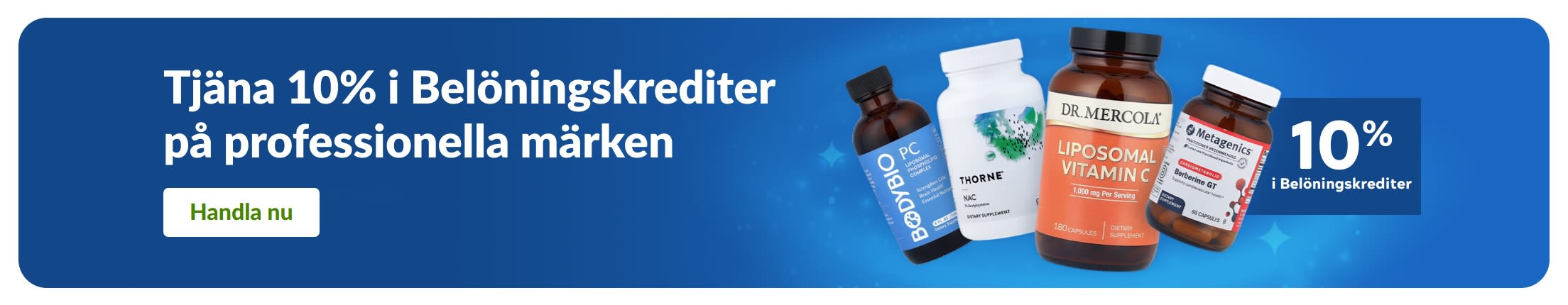 Banner som marknadsför 10% i Belöningskrediter på professionella kosttillskottsmärken med produktburkar och 