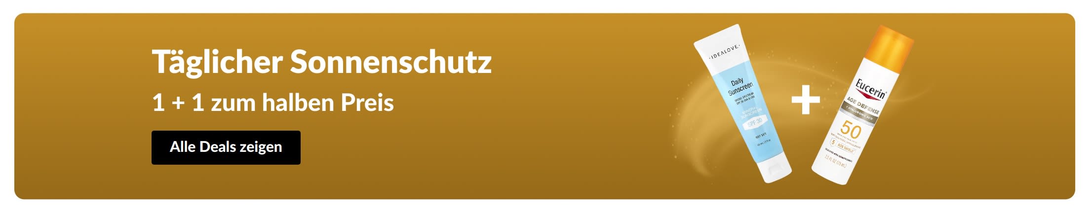 Sonnencreme Werbebanner mit zwei Produkten: Eins kaufen, eins zum halben Preis: Sonnenschutz.