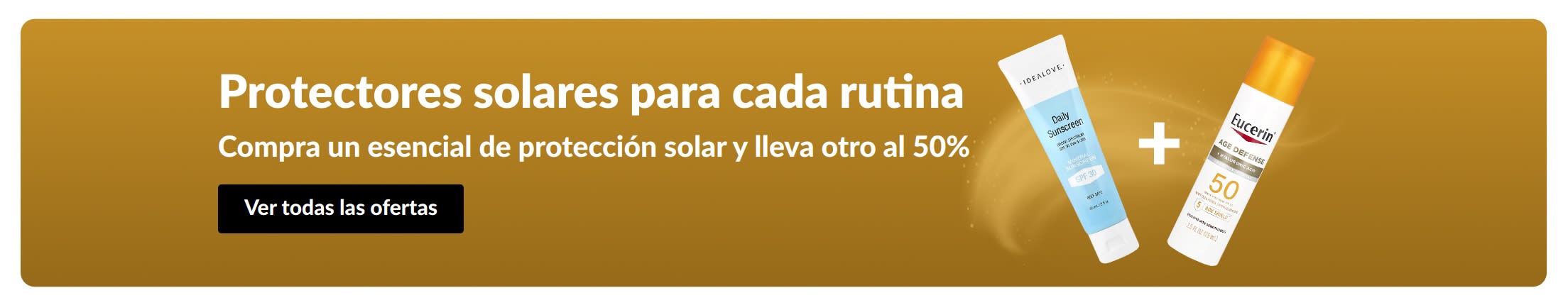 Banner con la oferta “Compra un esencial de protección solar y lleva otro al 50%”