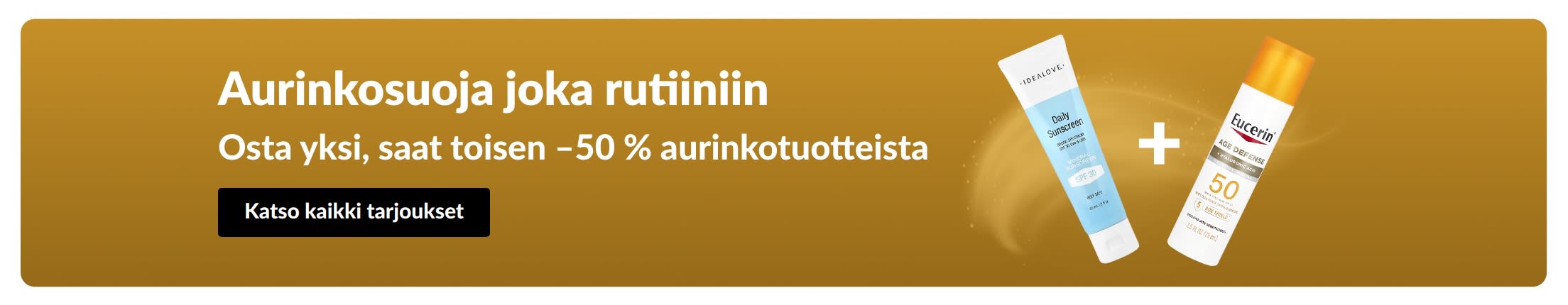 Aurinkovoidealen banneri, jossa kaksi tuotetta ja teksti 