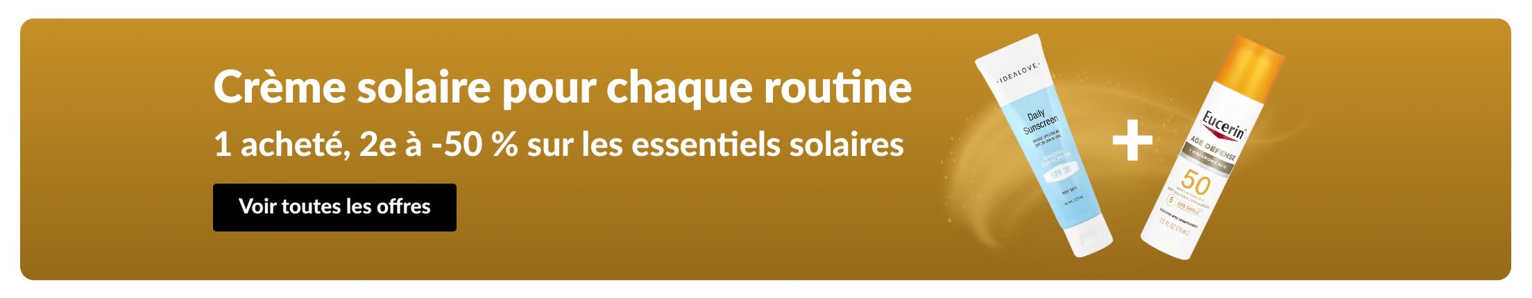 Bannière promo solaire avec deux produits : « 1 acheté, 2e à -50 % sur les essentiels solaires »