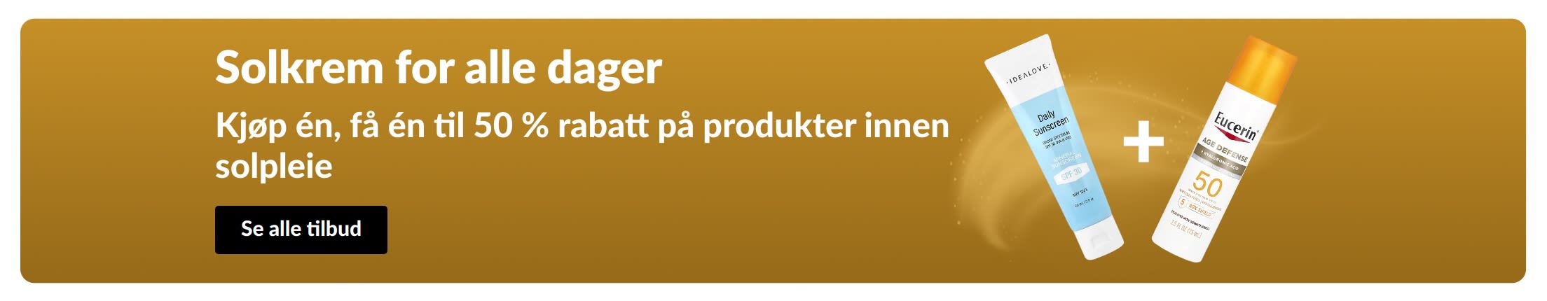 Solkrembanner med to produkter, «Kjøp én, få én til 50 % rabatt på produkter innen solpleie»