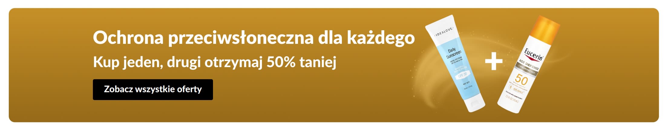 Baner wyprzedaży kremów z filtrem z dwoma produktami: „Kup jeden, drugi 50% taniej na niezbędne produkty do ochrony przeciwsłonecznej.