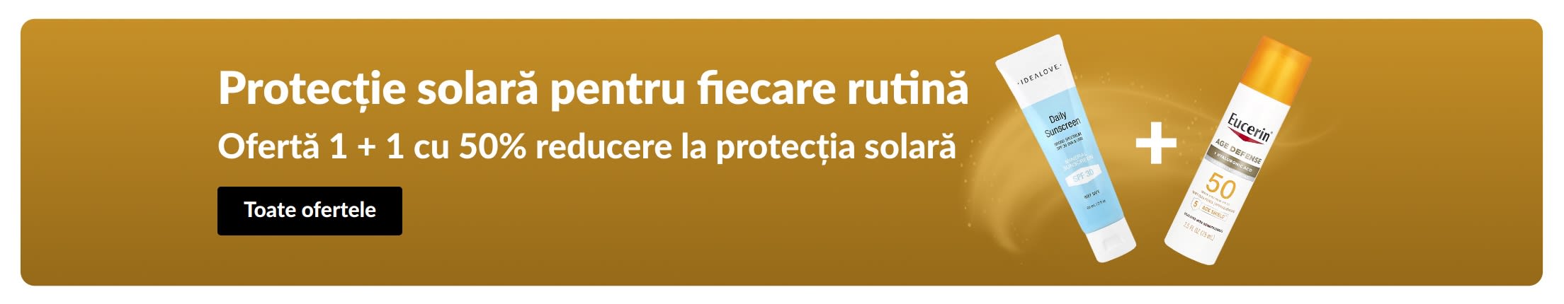 Banner cu două produse de protecție solară, cu „Ofertă 1 + 1 cu 50% reducere la protecția solară”