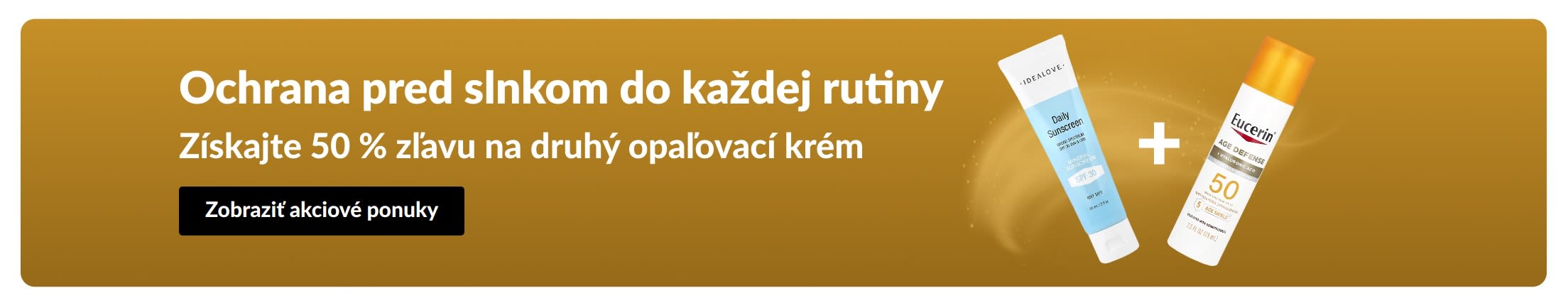 Baner pre výpredaj opaľovacích krémov: „Získajte 50 % zľavu na druhý opaľovací krém“