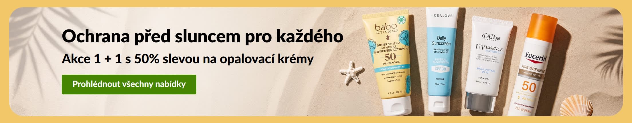 Banner s akcí na opalovací přípravky se dvěma produkty a textem „Akce 1 + 1 s 50% slevou na opalovací krémy“.