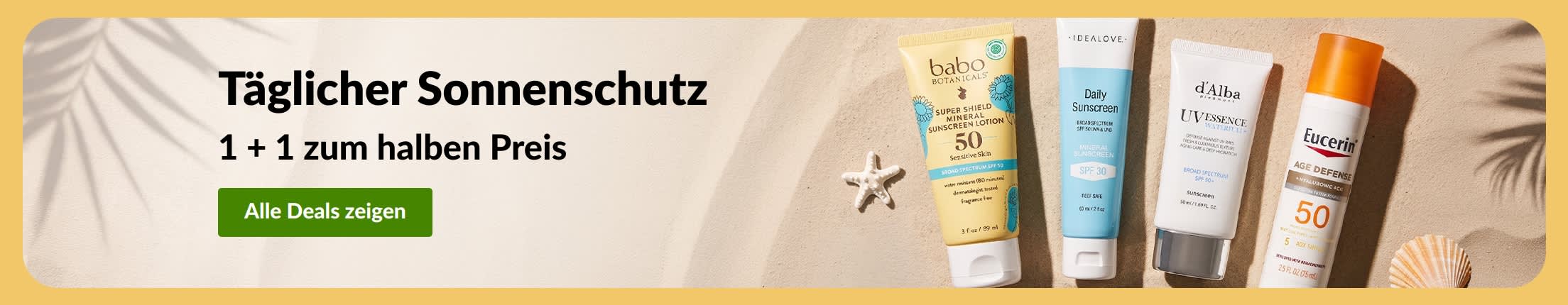 Sonnencreme Werbebanner mit zwei Produkten: Eins kaufen, eins zum halben Preis: Sonnenschutz.