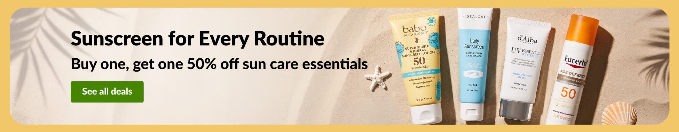 Sunscreen sale banner with two products, 'Buy one, get one 50% off sun care essentials'