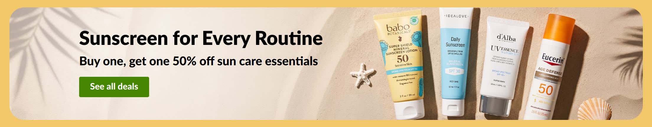 Sunscreen sale banner with two products, “Buy one, get one 50% off sun care essentials”