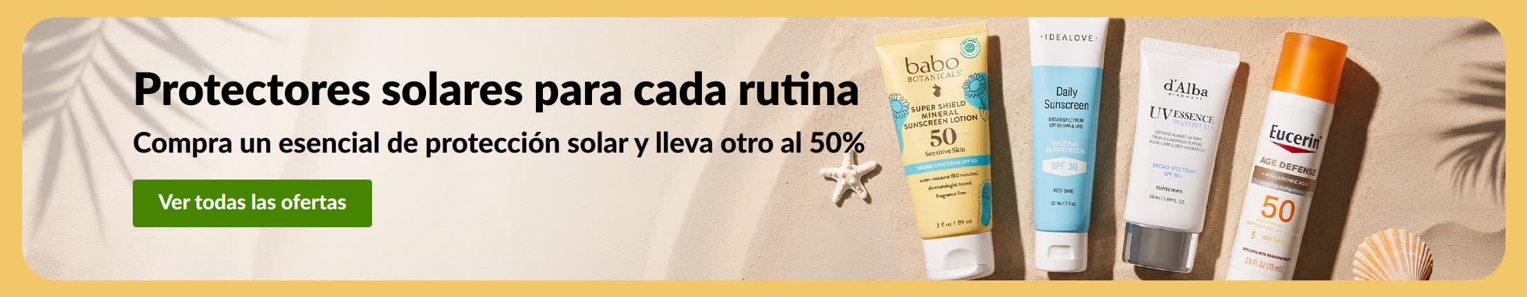 Banner con la oferta “Compra un esencial de protección solar y lleva otro al 50%”