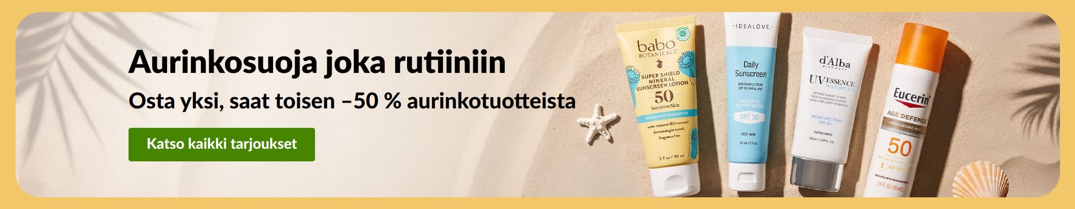 Aurinkovoidealen banneri, jossa kaksi tuotetta ja teksti 