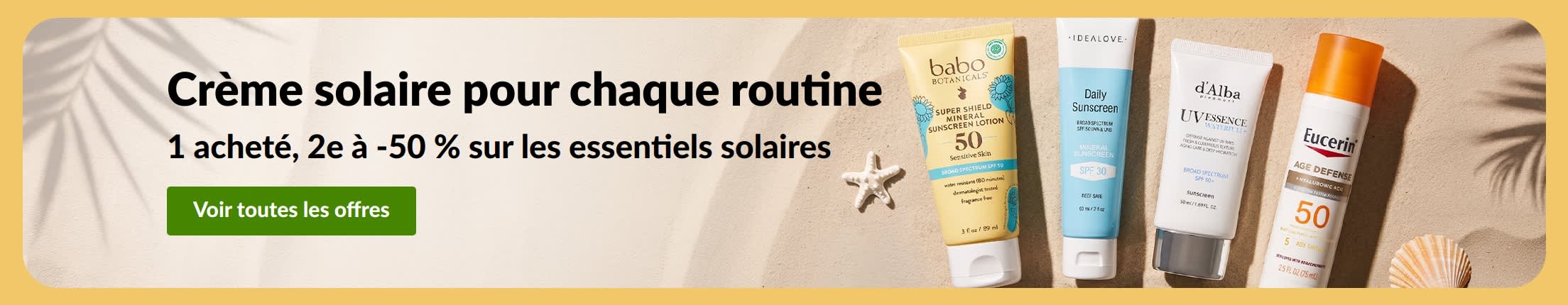 Bannière promo solaire avec deux produits : « 1 acheté, 2e à -50 % sur les essentiels solaires »