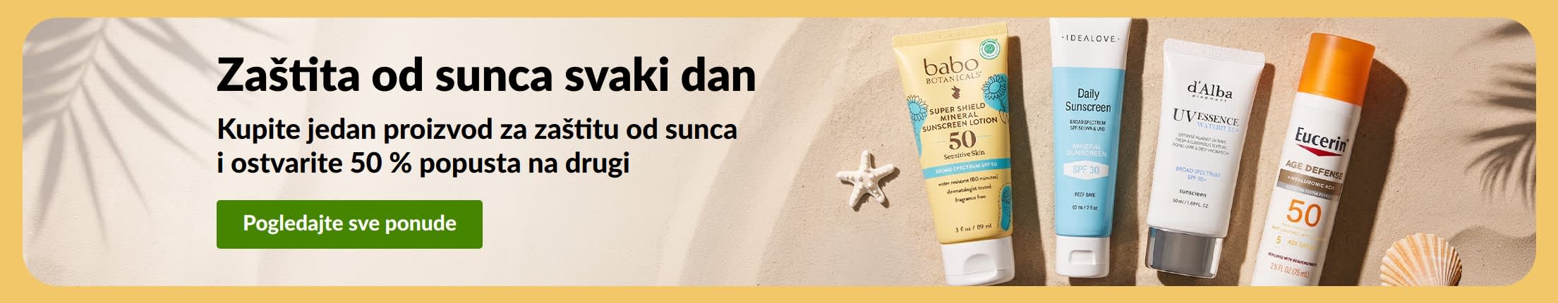 Reklamni natpis za kremu za sunčanje, „Kupite jedan proizvod za zaštitu od sunca i ostvarite 50 % popusta na drugi proizvod”, s prikazom dva proizvoda.