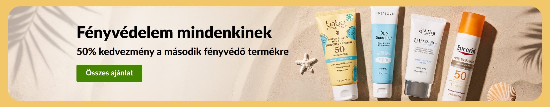 Fényvédőket hirdető akciós banner két termékkel és „50% kedvezmény a második fényvédő termékre” szöveggel