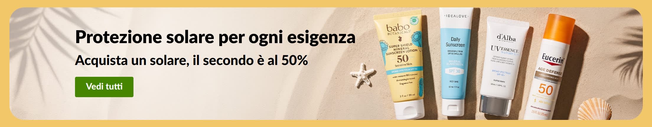 Banner con una promozione sui solari che mostra due prodotti: “Offerta 1+1: il secondo è al 50%”