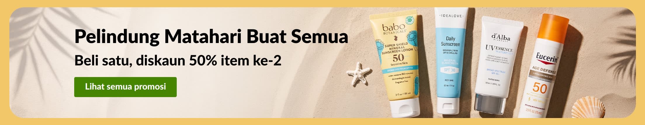 Sepanduk jualan pelindung matahari dengan dua produk, “Beli satu, diskaun 50% item ke-2”