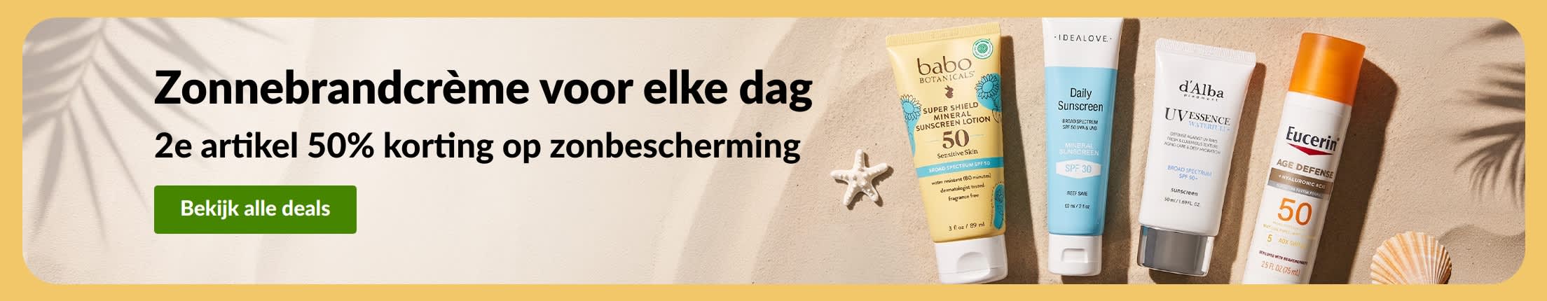 Banner met zonnebrandcrème-aanbieding en twee producten: 