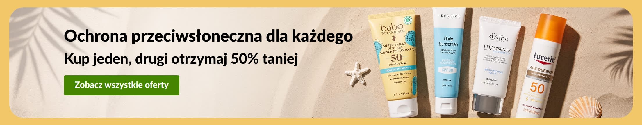 Baner wyprzedaży kremów z filtrem z dwoma produktami: „Kup jeden, drugi 50% taniej na niezbędne produkty do ochrony przeciwsłonecznej.