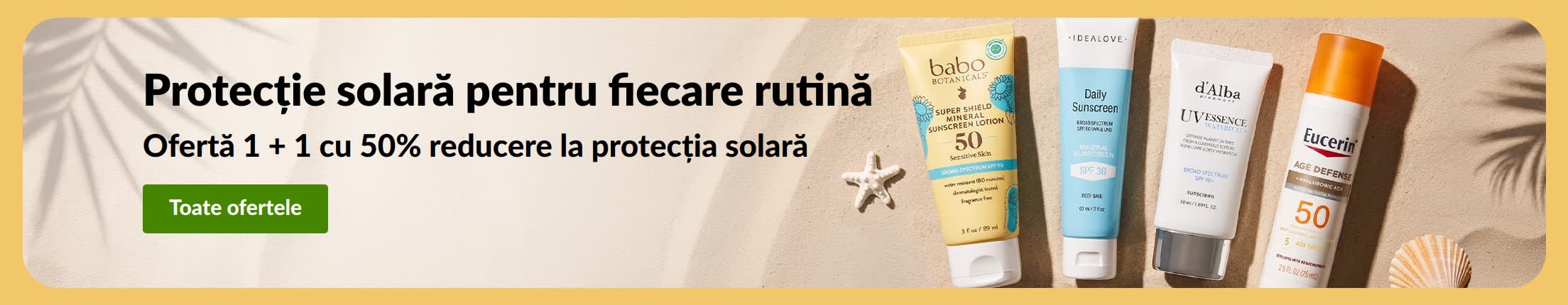 Banner cu două produse de protecție solară, cu „Ofertă 1 + 1 cu 50% reducere la protecția solară”