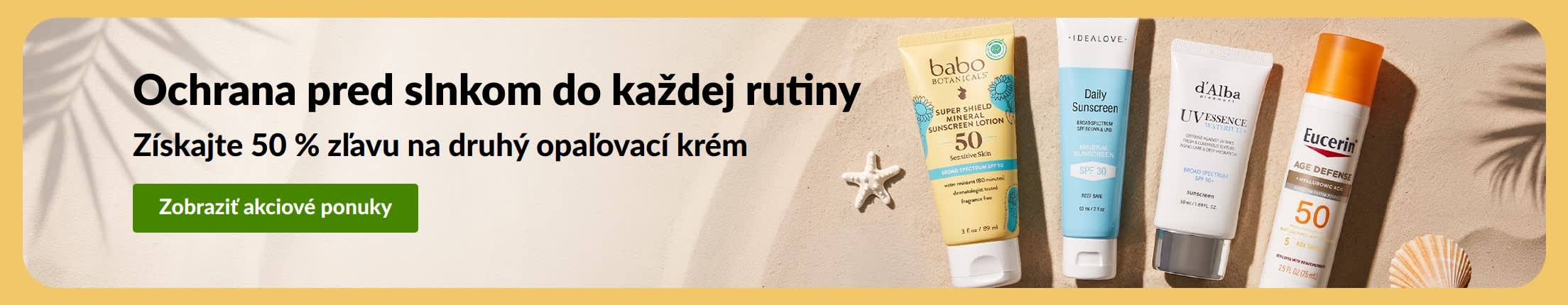Baner pre výpredaj opaľovacích krémov: „Získajte 50 % zľavu na druhý opaľovací krém“