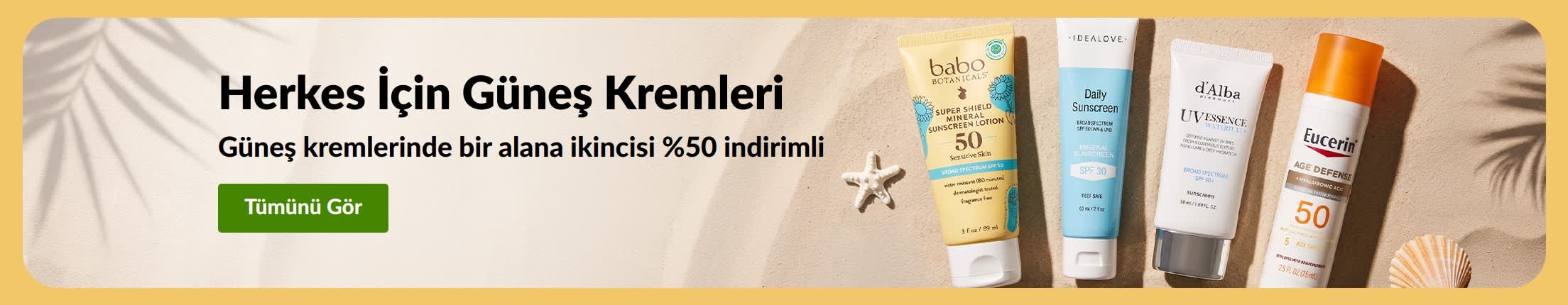 İki ürünün yer aldığı güneş kremi kampanya banner’ı, “Güneş bakımının vazgeçilmezlerinde 1 alana 2.si %50 indirimli”