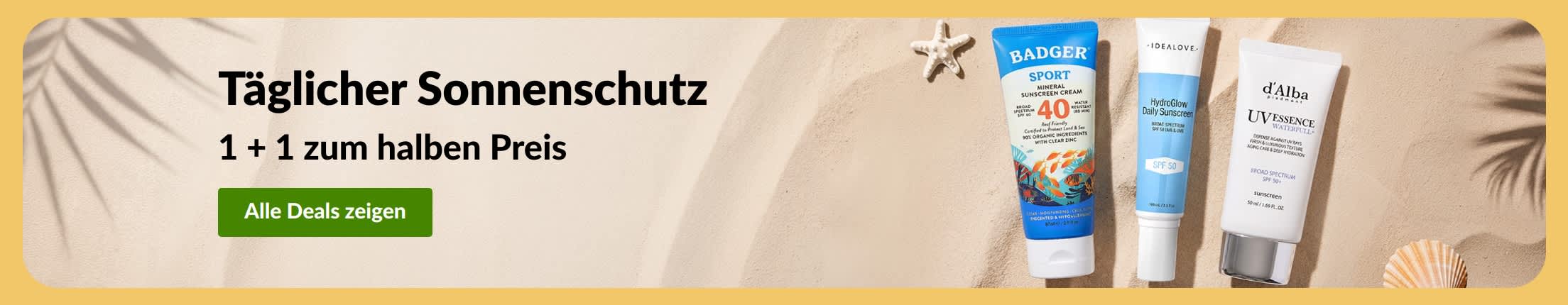 Sonnencreme Werbebanner mit zwei Produkten: Eins kaufen, eins zum halben Preis: Sonnenschutz.