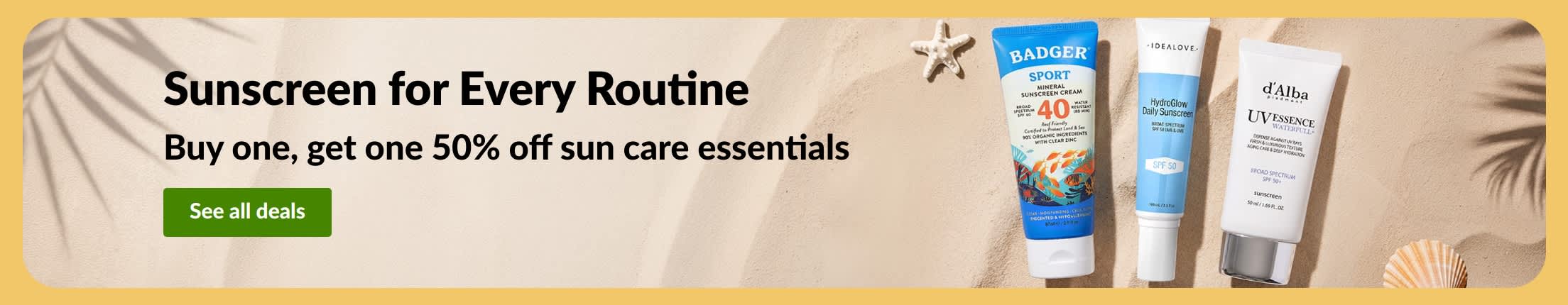 Sunscreen sale banner with two products, 'Buy one, get one 50% off sun care essentials'