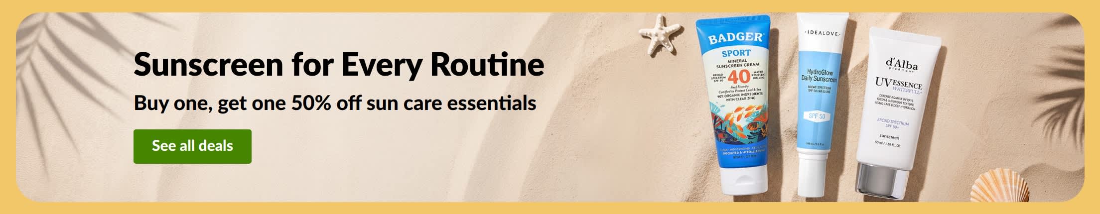 Sunscreen sale banner with two products, “Buy one, get one 50% off sun care essentials”
