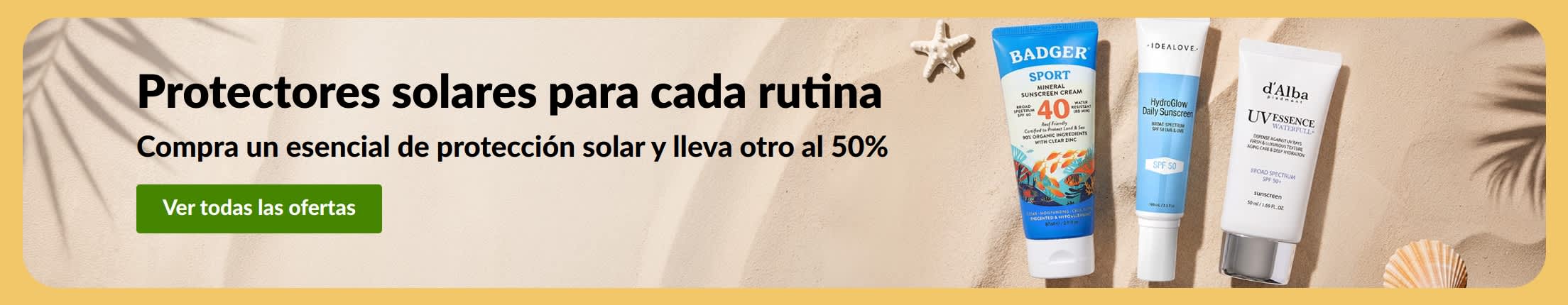 Banner con la oferta “Compra un esencial de protección solar y lleva otro al 50%”