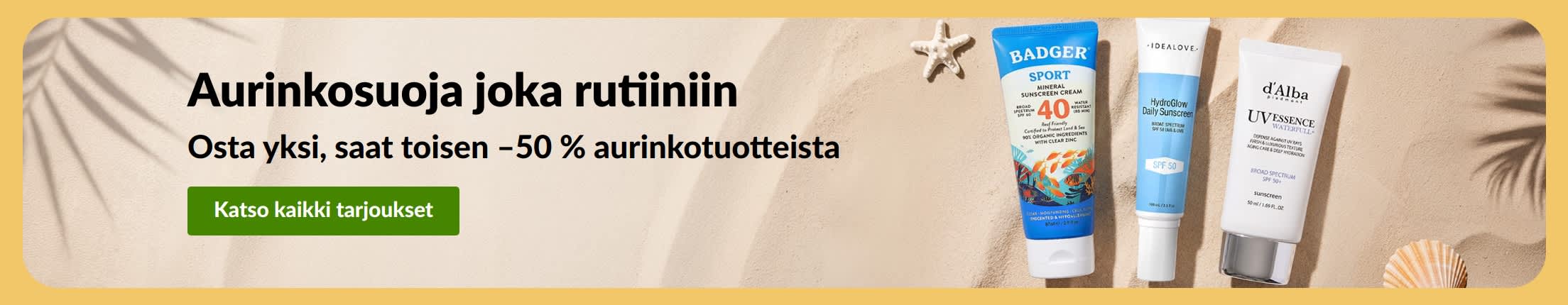 Aurinkovoidealen banneri, jossa kaksi tuotetta ja teksti 