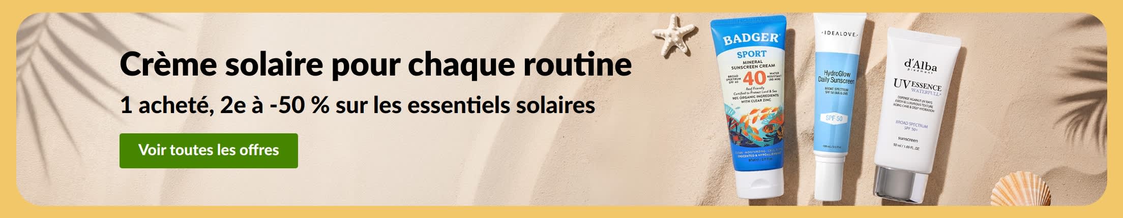 Bannière promo solaire avec deux produits : « 1 acheté, 2e à -50 % sur les essentiels solaires »