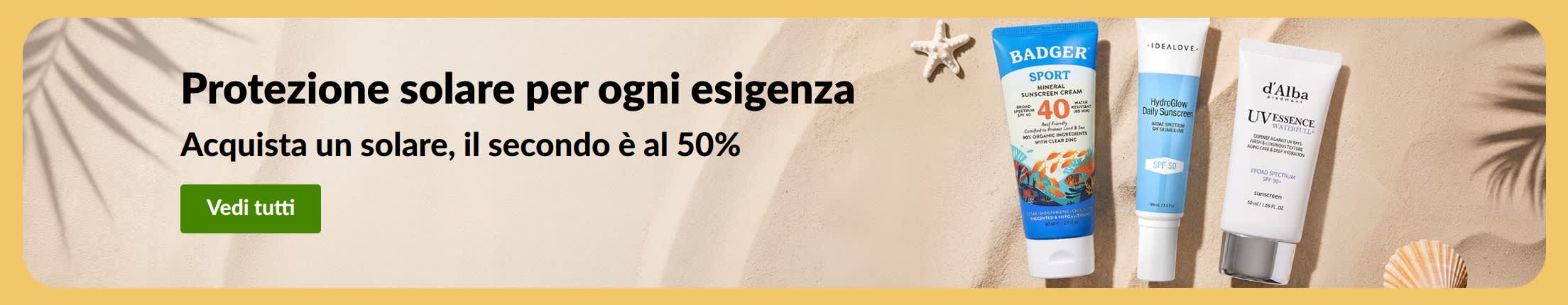 Banner con una promozione sui solari che mostra due prodotti: “Offerta 1+1: il secondo è al 50%”