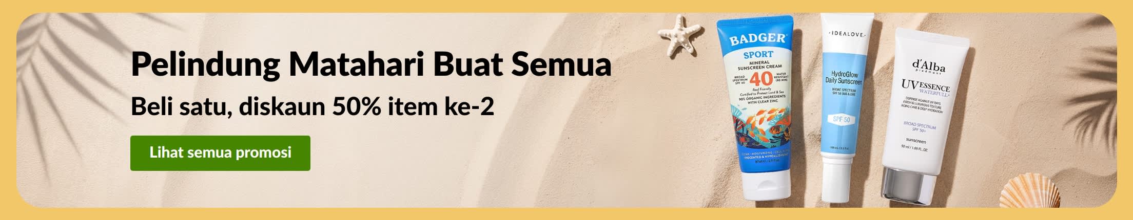 Sepanduk jualan pelindung matahari dengan dua produk, “Beli satu, diskaun 50% item ke-2”