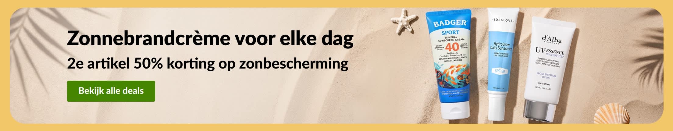 Banner met zonnebrandcrème-aanbieding en twee producten: 