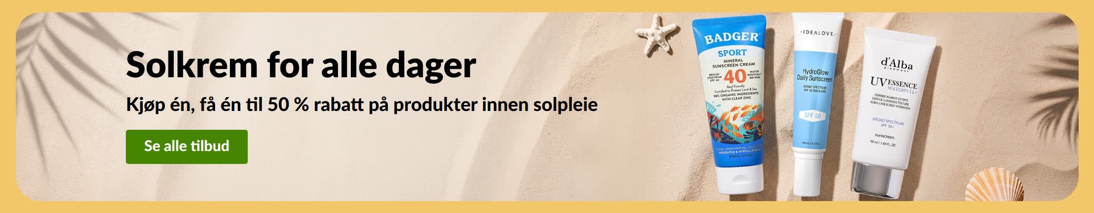 Solkrembanner med to produkter, «Kjøp én, få én til 50 % rabatt på produkter innen solpleie»