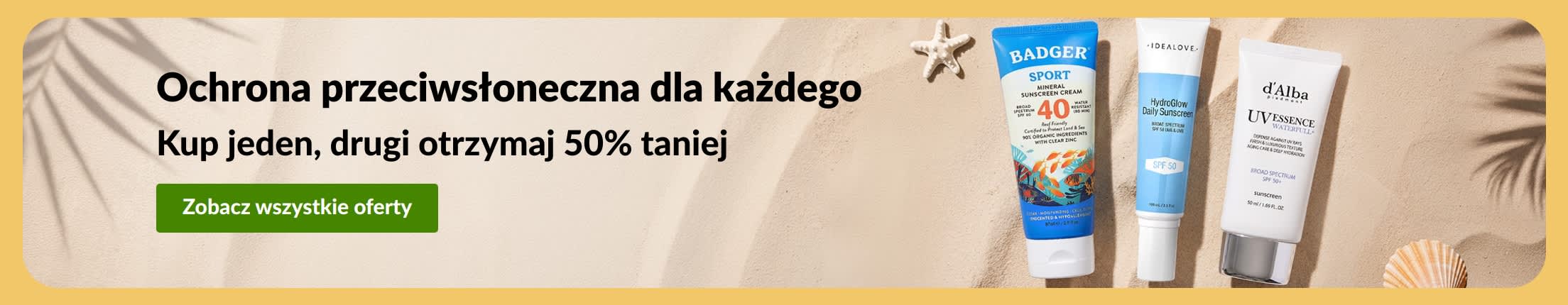 Baner wyprzedaży kremów z filtrem z dwoma produktami: „Kup jeden, drugi 50% taniej na niezbędne produkty do ochrony przeciwsłonecznej.