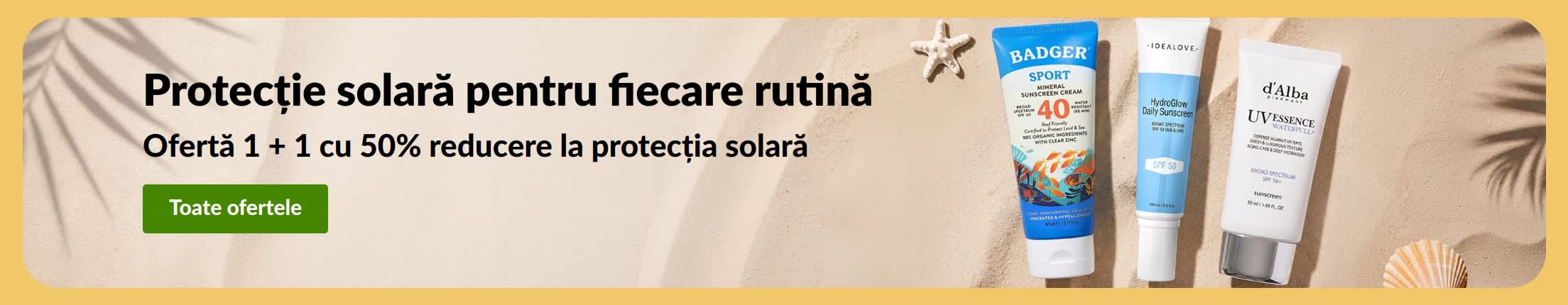 Banner cu două produse de protecție solară, cu „Ofertă 1 + 1 cu 50% reducere la protecția solară”