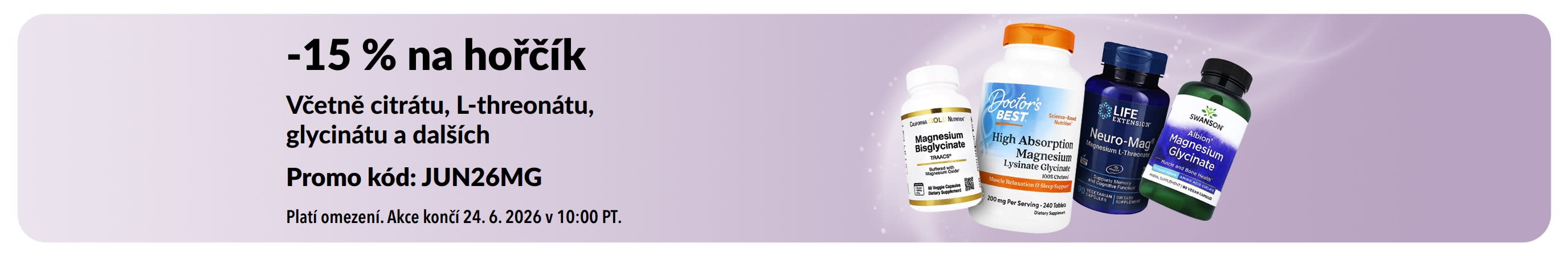 Propagační banner nabízející 15% slevu na doplňky stravy s hořčíkem.