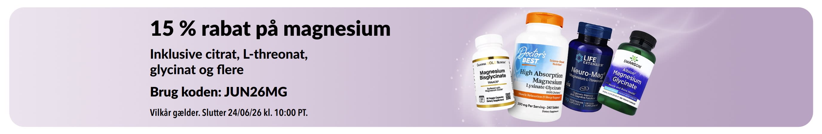Reklamebanner med 15 % rabat på kosttilskud med magnesium.