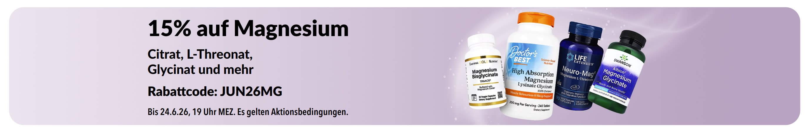 Werbe-Banner mit 15% Rabatt auf Magnesiumpräparate.