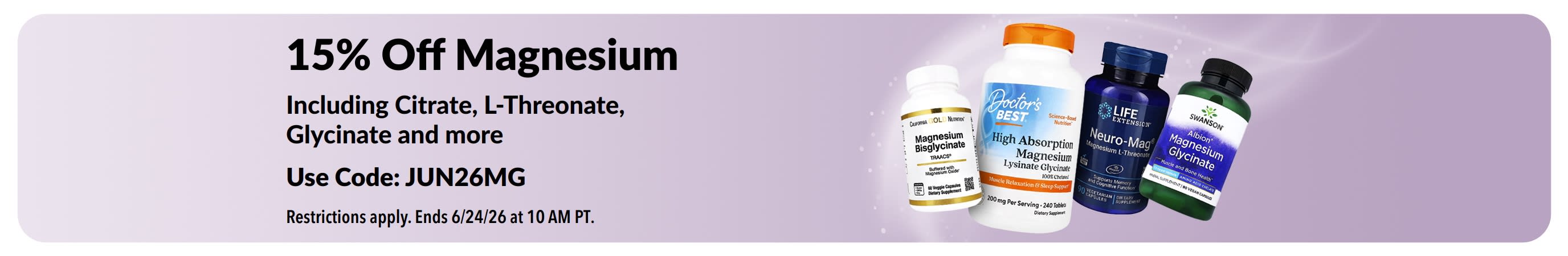 Promotional banner offering 15% off magnesium supplements.