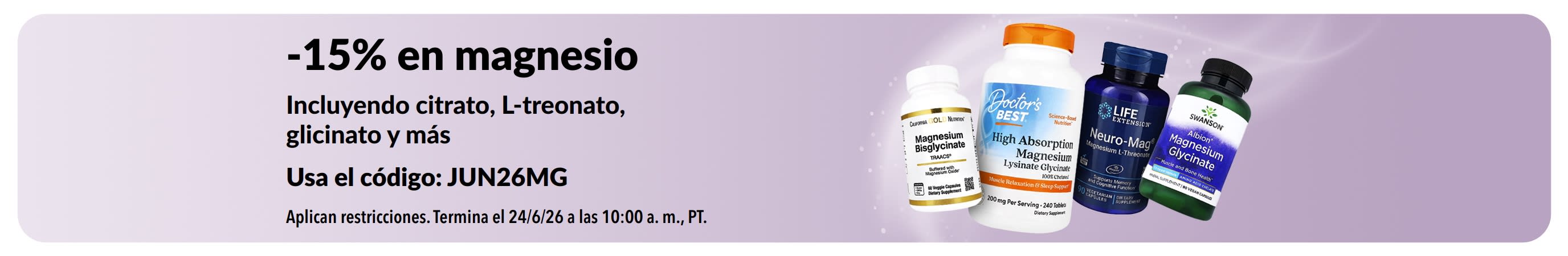 Banner promocional con un 15% de descuento en suplementos de magnesio.