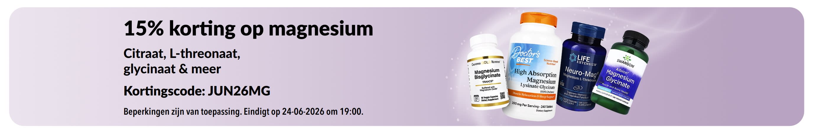 Kortingsbanner met 15% korting op magnesiumsupplementen.