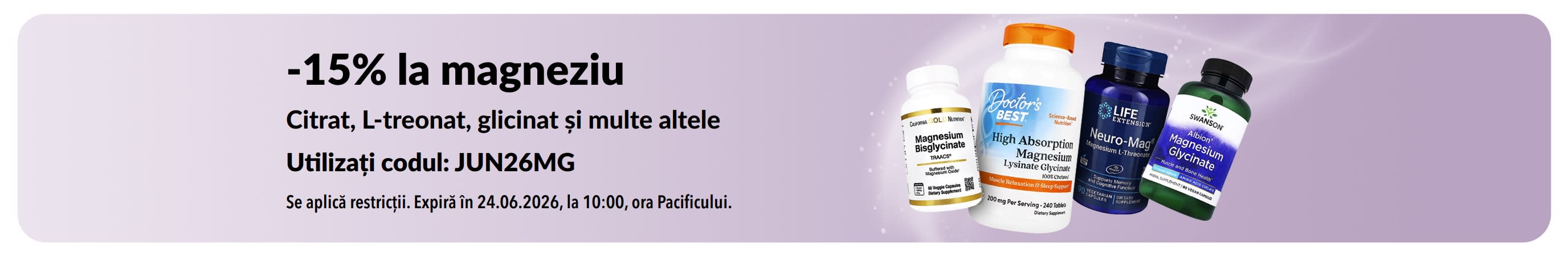 Banner promoțional cu 15% reducere la suplimentele cu magneziu.