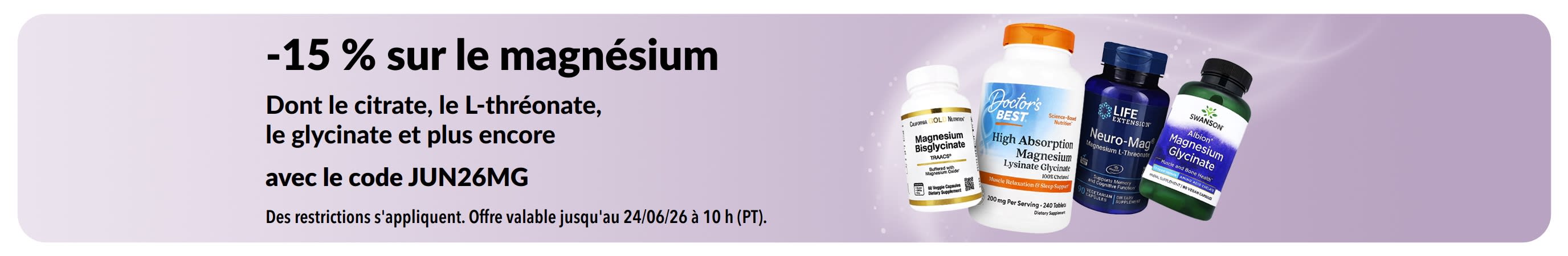 Bannière promotionnelle offrant 15 % de réduction sur les compléments de magnésium.