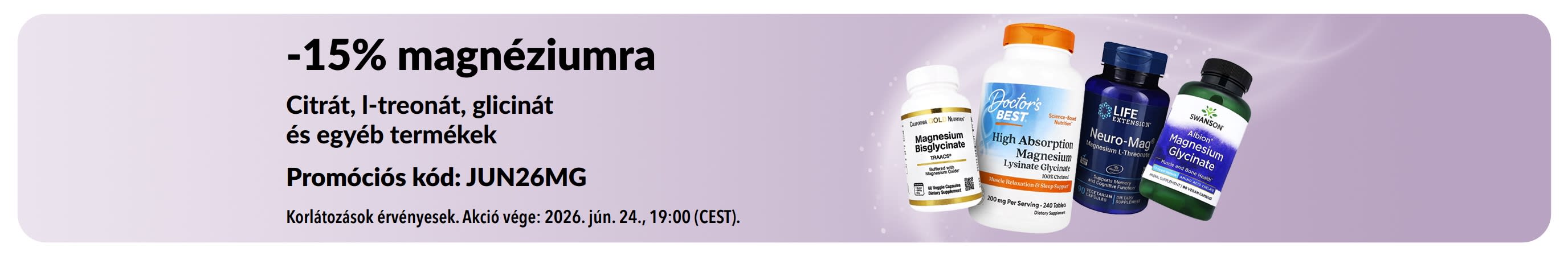 Magnézium étrend-kiegészítőkre 15% kedvezményt hirdető banner.