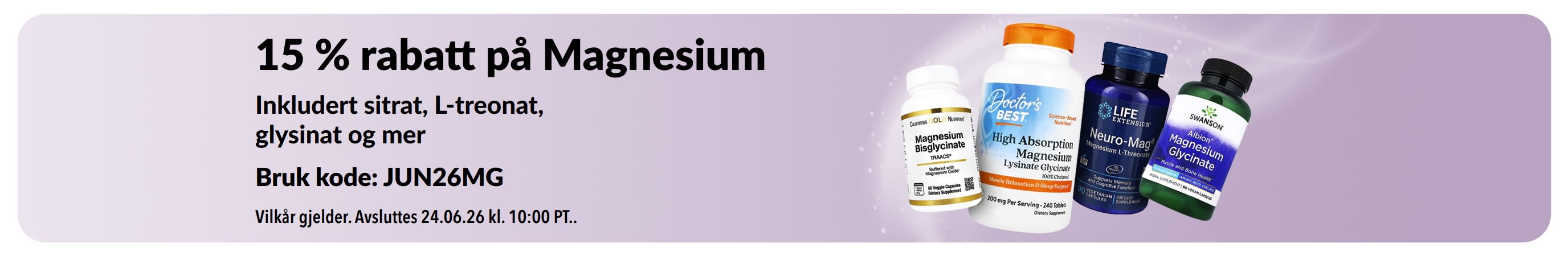 Kampanjebanner som tilbyr 15 % rabatt på magnesiumtilskudd.